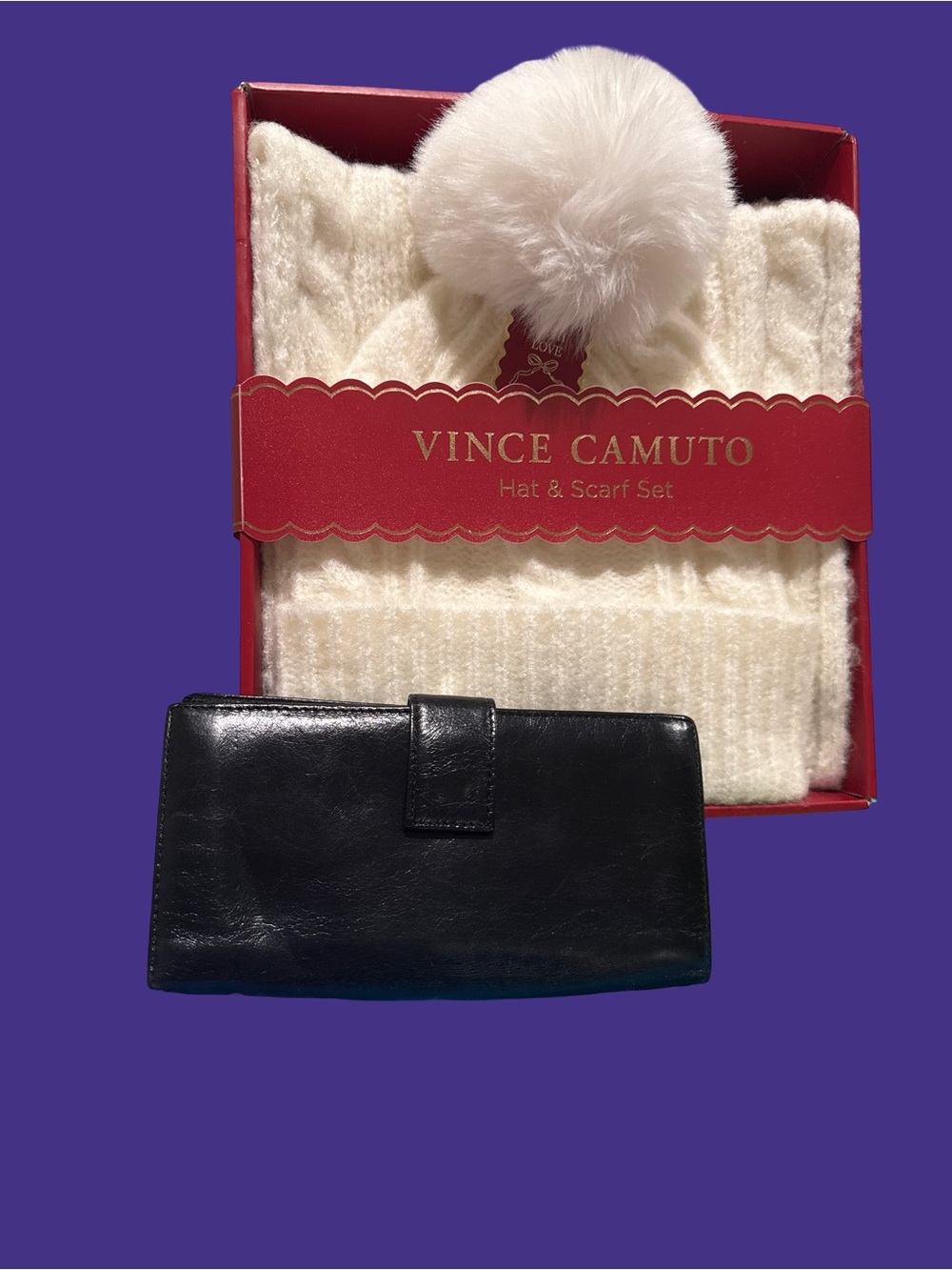 Vince Camuto Black Leather Wallet with Cream Knit Hat & Pom Pom